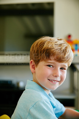 Buy stock photo Portrait of a cute little boy at home