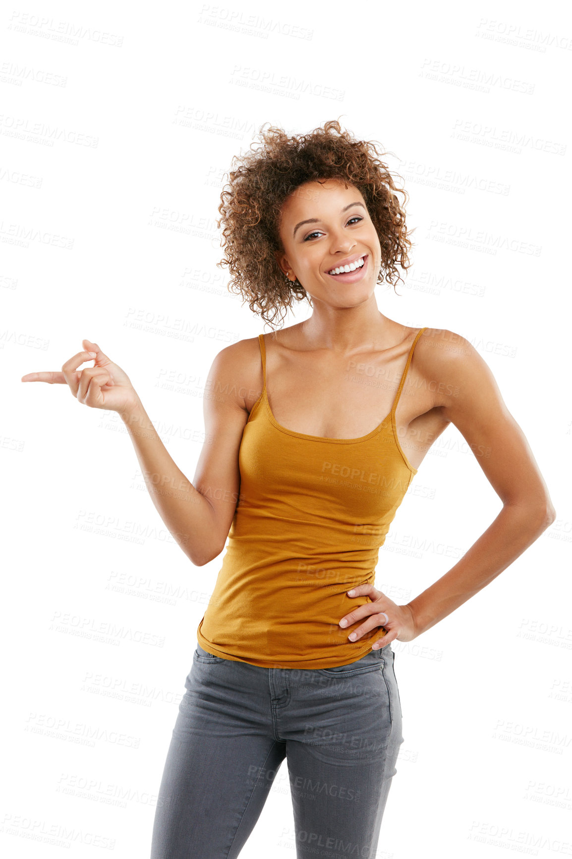 Buy stock photo Studio shot of an attractive young woman pointing towards something