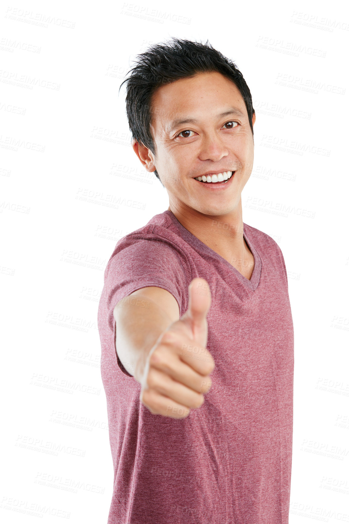 Buy stock photo Studio portrait of a young man standing and giving a thumbs up against a white background