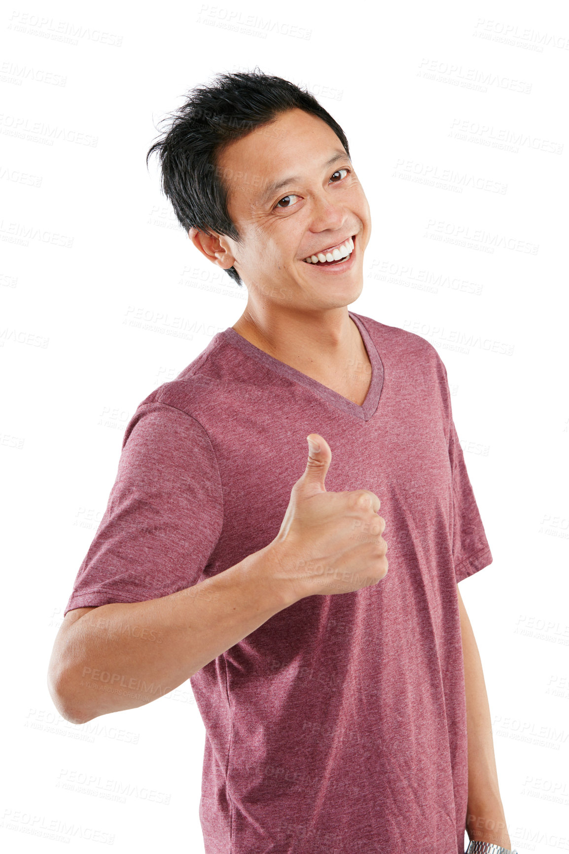 Buy stock photo Studio portrait of a young man standing and giving a thumbs up against a white background