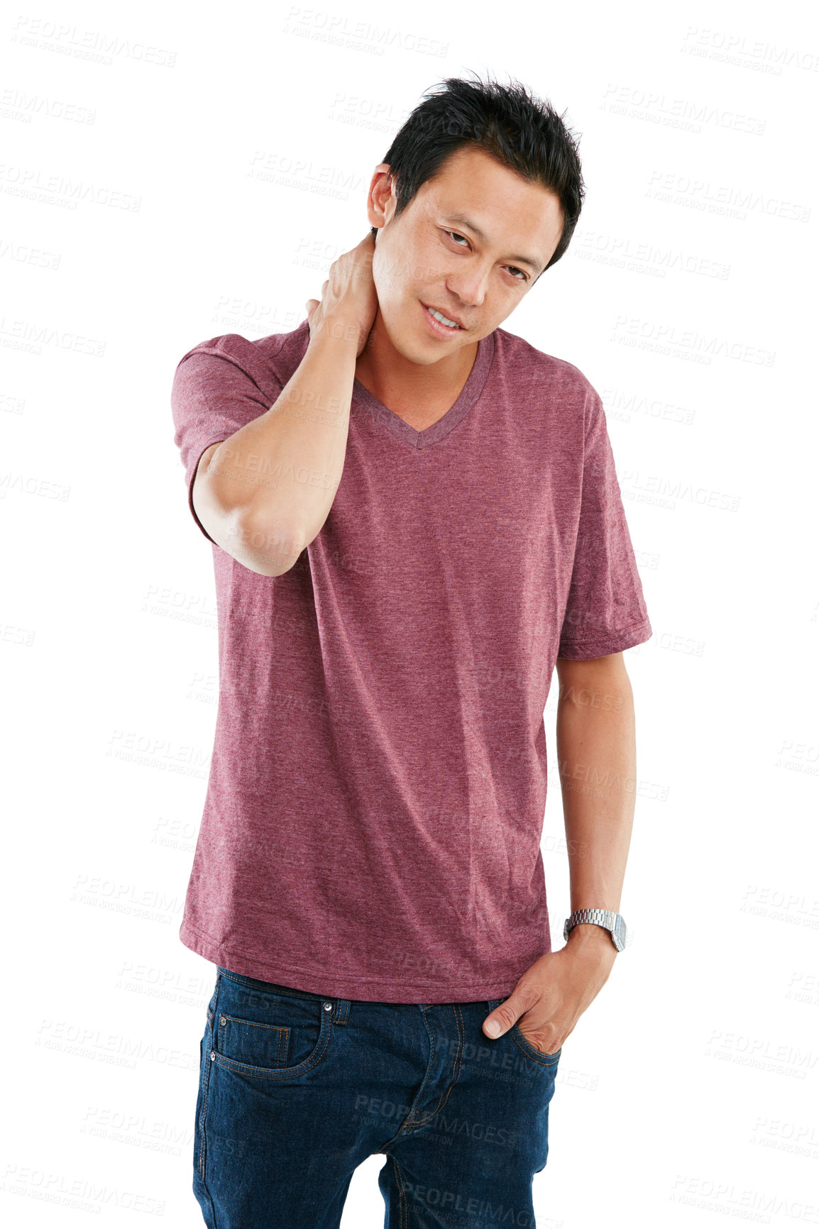 Buy stock photo Studio portrait of a young man rubbing his sore neck against a white background