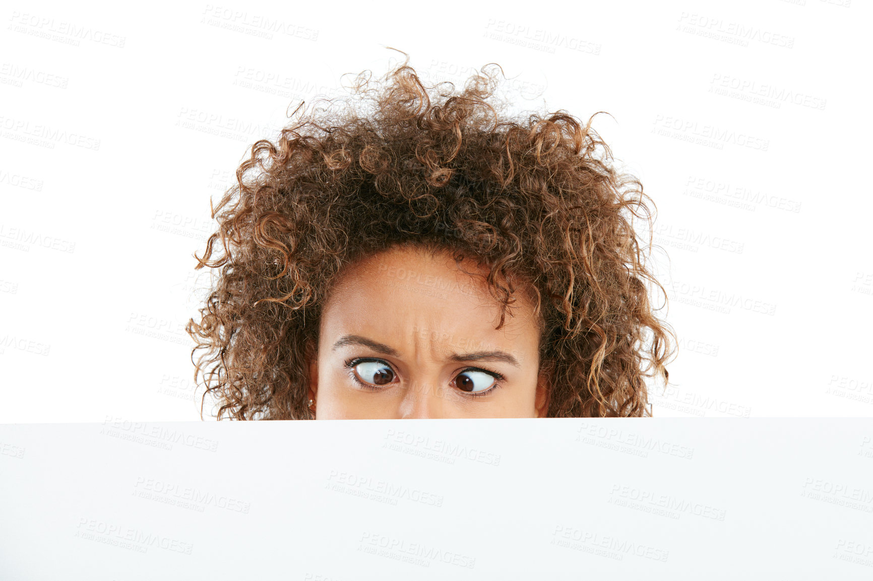 Buy stock photo Woman, blank poster and funny face in studio with mockup space, marketing and sign on white background. Person, show placard and cross eye with shock, surprise or sale with board for advertising