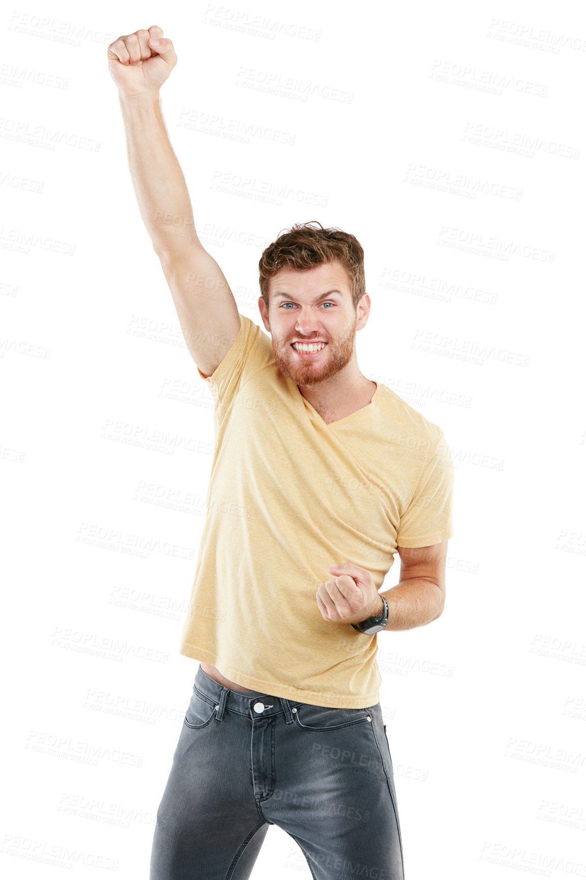 Buy stock photo Studio portrait of a young man punching the air triumphantly against a white background