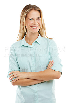 Buy stock photo Shot of a happy woman posing against a white background