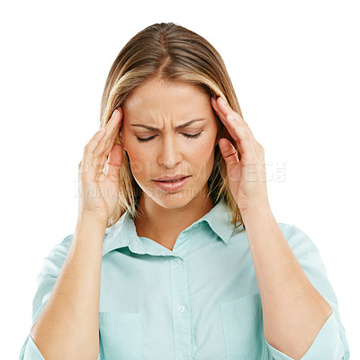 Buy stock photo Shot of an unhappy woman with a headache against a white background