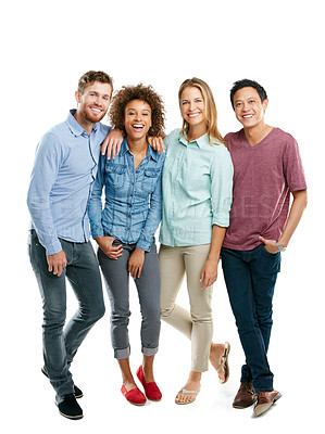 Buy stock photo Studio portrait of a group of friends posing together against a white background