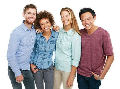 Buy stock photo Studio portrait of a group of friends posing together against a white background