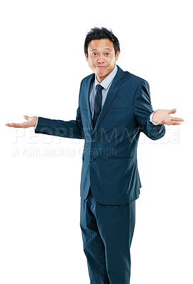 Buy stock photo Businessman from Japan, confused and hands out isolated with questions and asking on white background. Confusion, doubt and person with suit, problem and frustrated hand gesture in studio portrait.