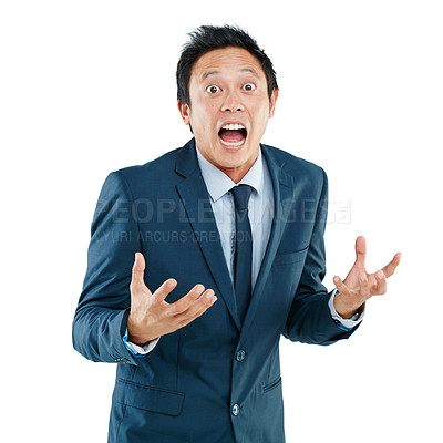 Buy stock photo Angry, frustrated and portrait of a surprised Asian man isolated on a white background in a studio. Shocked, unhappy and amazed Japanese businessman screaming and shouting on a studio background