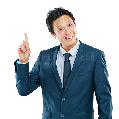 Buy stock photo Idea, asian and business man portrait with a professional corporate suit and smile. Ideas, white background and isolated worker from Japan happy about career and success for job growth in a studio