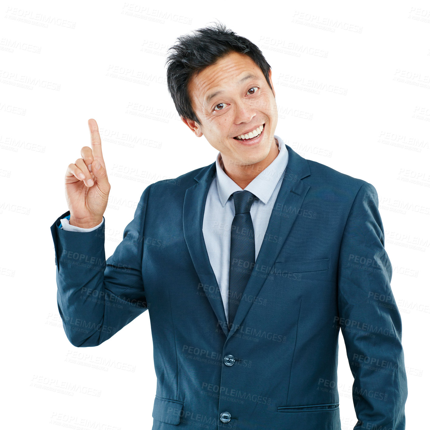 Buy stock photo Idea, asian and business man portrait with a professional corporate suit and smile. Ideas, white background and isolated worker from Japan happy about career and success for job growth in a studio