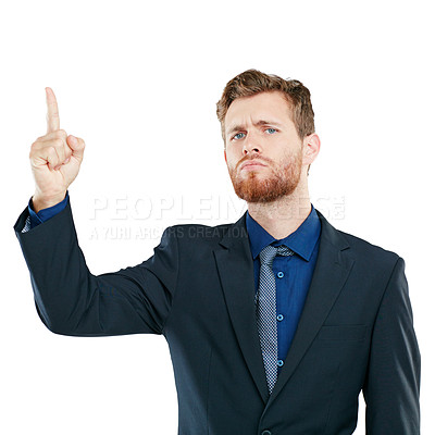 Buy stock photo Portrait, pointing and marketing with a business man looking serious in studio isolated on a white background. Mindset, point and advertising with a male employee showing blank space for branding