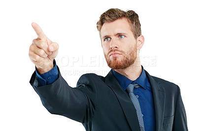 Buy stock photo Mockup, business and man pointing, serious or guy isolated on white studio background. Executive, male entrepreneur or marketing manager for advertising campaign, sales growth or corporate consultant