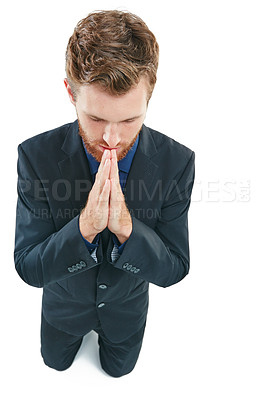 Buy stock photo Business man, prayer hands and kneeling for help, sorry or gratitude isolated on a white background. Male in suit praying for donation, support or forgiveness with hope or thank you emoji in studio