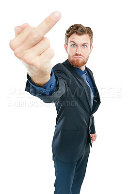 Buy stock photo Angry, rude and portrait of a businessman with a middle finger isolated on a white background. Stressed, frustrated and employee with an offensive hand sign and body language on a studio backdrop