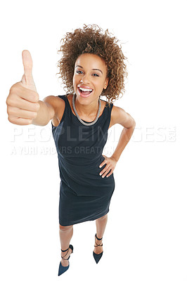 Buy stock photo Business woman and thumbs up for success portrait with proud smile and vote in corporate style. Yes, approval and agreement sign of black woman worker at isolated studio white background.