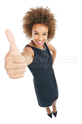 Buy stock photo Success, leader and black woman thumbs up portrait with proud smile and vote in corporate style. Yes, approval and agreement sign of confident business person at isolated studio white background.