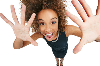 Buy stock photo Excited, shouting and portrait of black woman with hands isolated on a white background. Shocked, surprise and above of an African business worker with a happy gesture and smile on a studio backdrop