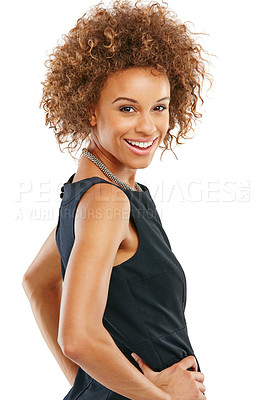 Buy stock photo Black woman, happy portrait and a smile while confident with a smile, pride and motivation in studio. Face of business person isolated on a studio background in professional style clothes and mindset