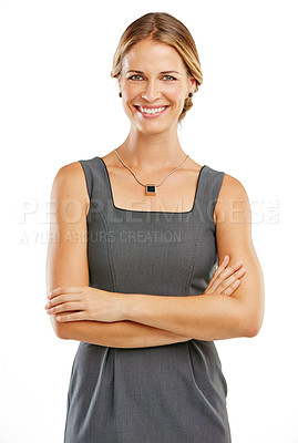Buy stock photo Portrait, business and woman with arms crossed, leadership and lady isolated on white studio background. Female entrepreneur, employee and marketing manager with confidence, smile and corporate deal