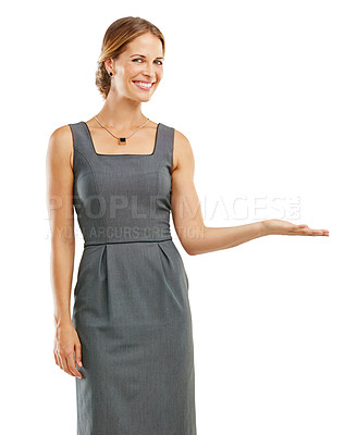 Buy stock photo Advertising, mockup and portrait of business woman on a white background for branding, logo and marketing. Product placement, corporate and isolated girl with hand gesture for announcement or message