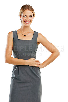 Buy stock photo Fashion, stylish and portrait of a woman in clothes isolated on a white background in studio. Style, happy and clothing model in an elegant dress, confidence and happiness on a studio background