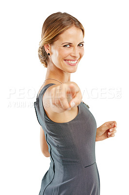 Buy stock photo Pointing, you and woman in studio portrait to show winner, opportunity or choice for success, vote and direction. Professional worker, employee or worker with hand sign for recruitment and smile