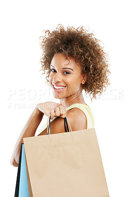 Buy stock photo Retail, smile and portrait of shopping black woman or customer happy with sale or deal isolated against a studio white background. Excited, fashion and joyful female shopper holding bags