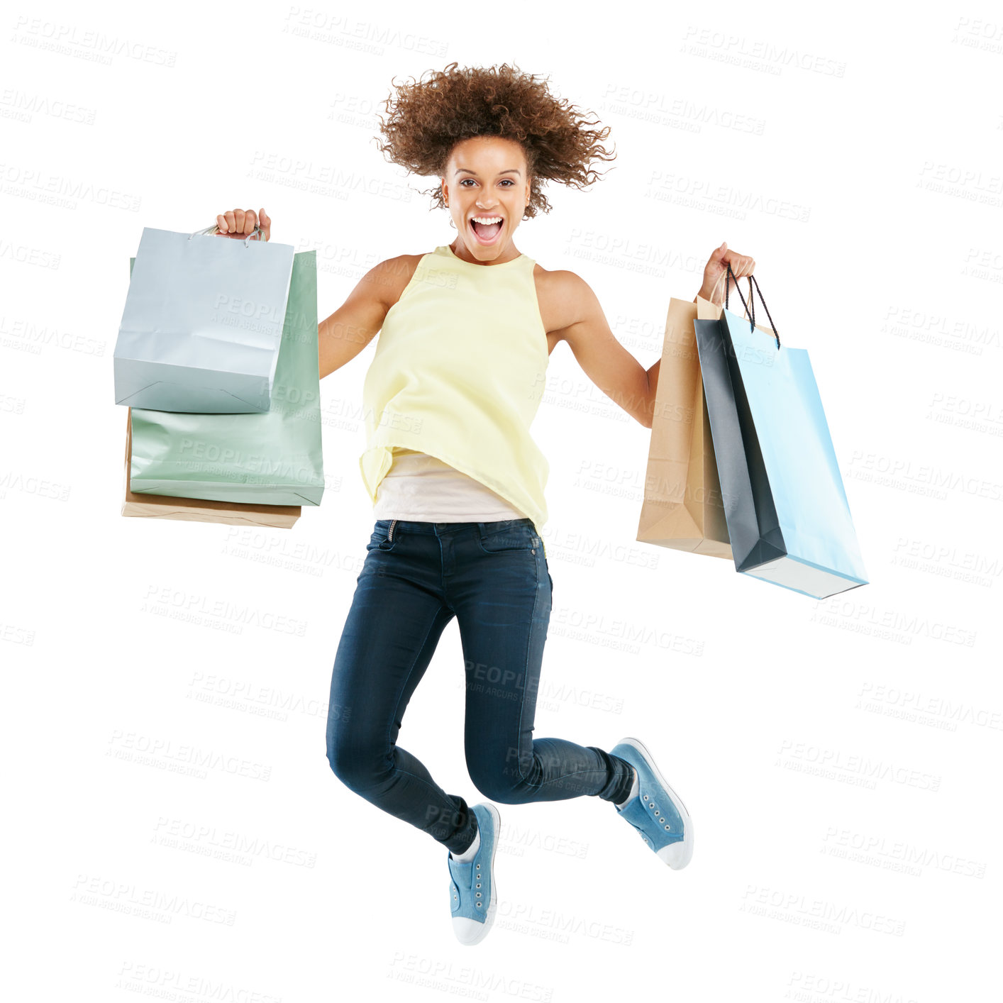 Buy stock photo Shopping bags, jump and happy woman with energy in a studio after a discount, sale or promotion. Smile, excited and portrait of female model from Brazil with bags jumping isolated by white background