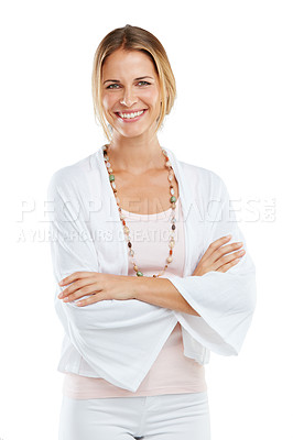 Buy stock photo Woman, portrait or arms crossed in fashion, trendy or cool style clothes on isolated white background. Smile, happy person or model with confidence, jewellery necklace or assertive in leadership pose