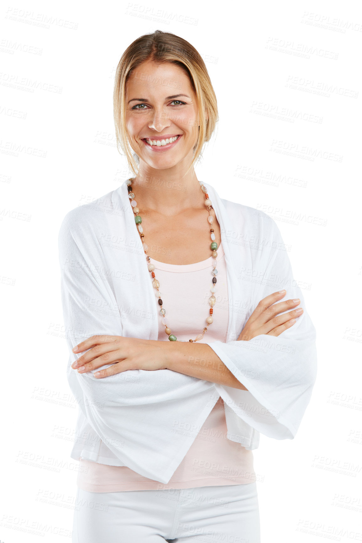 Buy stock photo Woman, portrait or arms crossed in fashion, trendy or cool style clothes on isolated white background. Smile, happy person or model with confidence, jewellery necklace or assertive in leadership pose