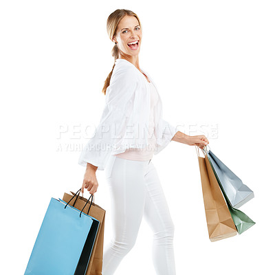 Buy stock photo Woman, happy with shopping bag, fashion and retail, shopping and customer isolated on white background. Smile in portrait, luxury designer brand and clothes, paper bag gift and discount with sale