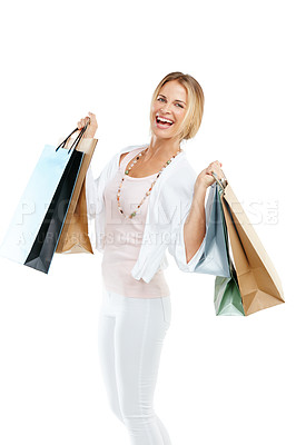 Buy stock photo Woman, happy with shopping bag, customer and retail, shopping and fashion isolated on white background. Smile in portrait, luxury designer brand and clothes, paper bag gift and discount with sale