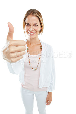 Buy stock photo Thumbs up, woman and smile in portrait with agreement, feedback and positive review isolated on white background. OK, success and motivation with hand zoom, happy woman with yes vote mockup and emoji