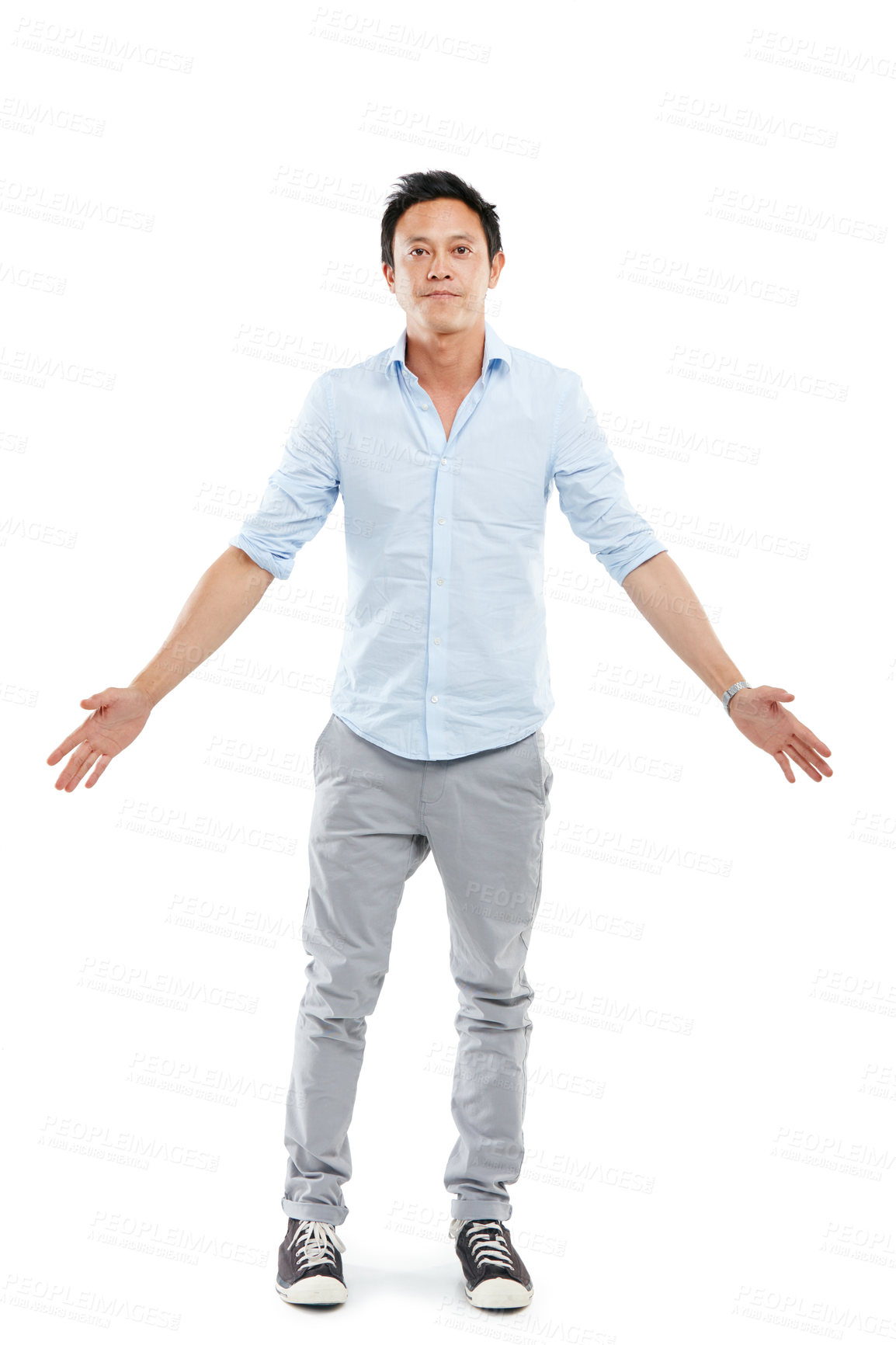 Buy stock photo Man, studio portrait and arms outstretch with fashion, sneakers and edgy jeans by white background. Isolated Asian model, hands open and palm stretching with trendy clothes, style shoes and aesthetic