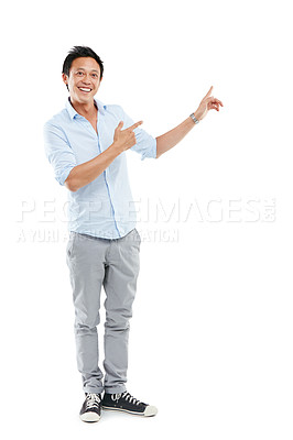 Buy stock photo Man, happy and portrait while pointing finger at mockup space for advertising promotion or sale. Male with hands for marketing brand, logo or product placement deal isolated on a white background