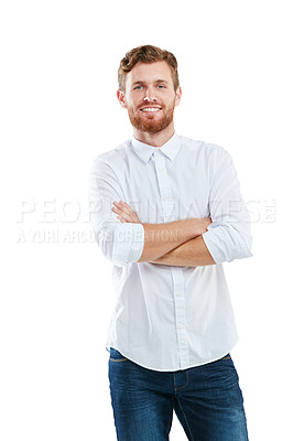Buy stock photo Fashion, happy and portrait of a man model in a studio with a stylish, casual and luxury outfit. Natural, smile and young male with style, cool and trendy clothes isolated by a white background
