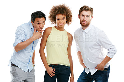 Buy stock photo Diversity, people together and standing casual isolated in white background. Interracial models, comic friends and collaboration portrait for positive mindset, group success or support in studio 