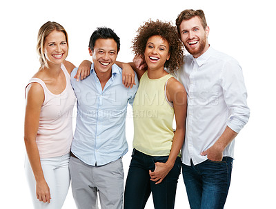 Buy stock photo Diversity, people and friends laughing while standing together in friendship against a white studio background. Portrait of isolated diverse group smiling in unity for community on white background