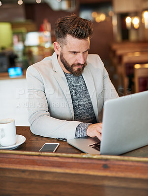 Buy stock photo Businessman, laptop and phone in coffee shop for email, conversation and communication with client. Male person, technology and remote work in cafe for brainstorming, planning and idea for project