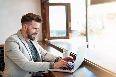 Buy stock photo Businessman, laptop and happy in coffee shop for email, conversation and communication with client. Freelance writer, creative and smile in cafe for planning, story and networking for ebook or career