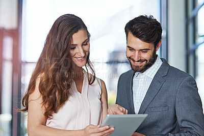 Buy stock photo Happy, business people and tablet for communication, discussion and collaboration on company proposal. Corporate man and woman with tech for planning, teamwork and research on report in office