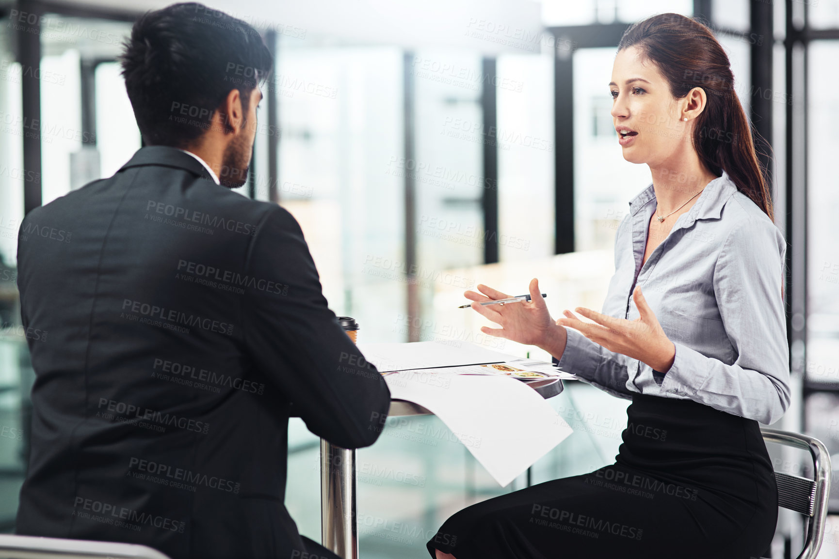 Buy stock photo Woman, man and meeting in office for business, startup and planning with teamwork in workplace. Partnership, collaboration and documents for strategy, report and talking in corporate company