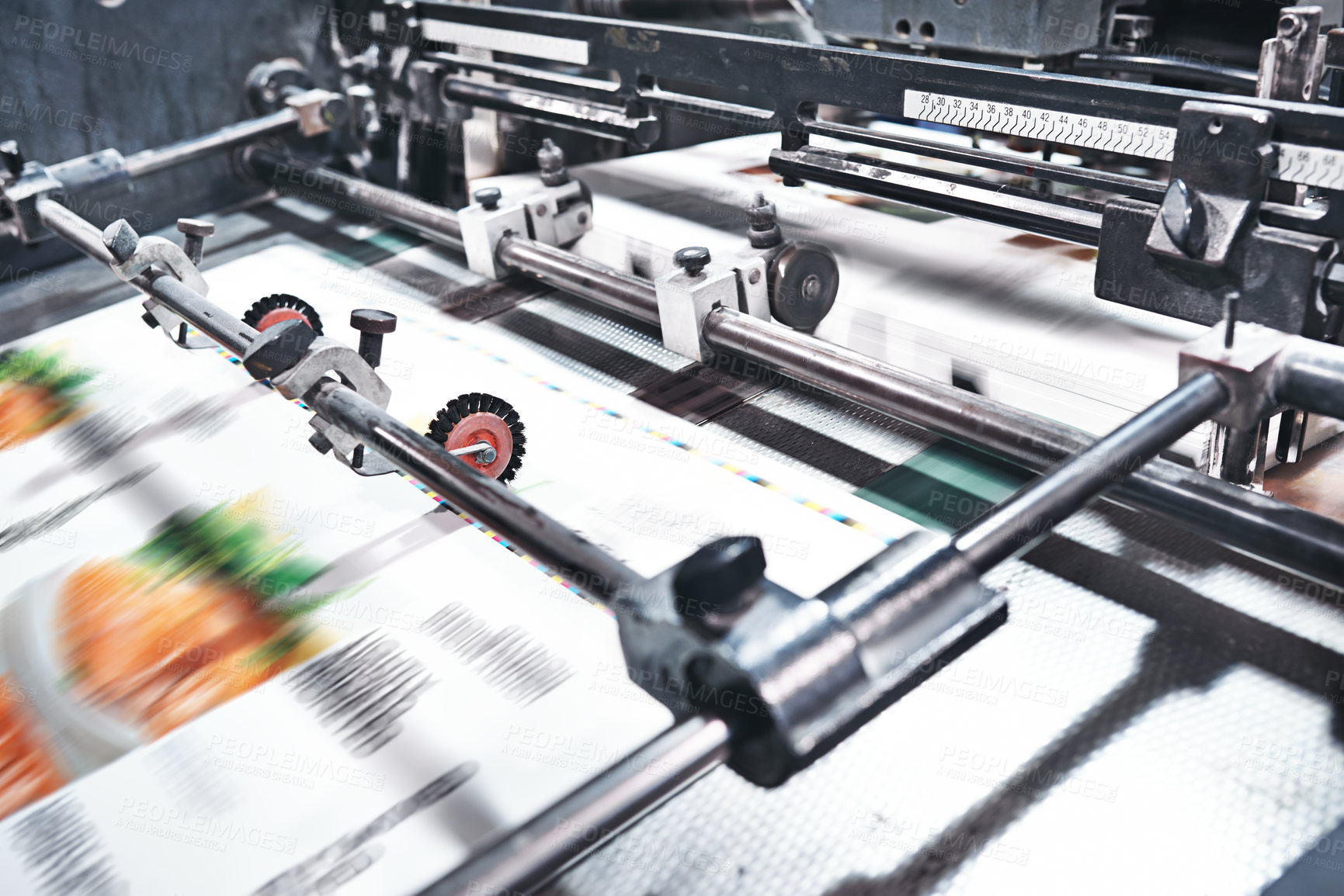 Buy stock photo Printing, machine and paper warehouse or distribution production for newspaper press, magazine or publishing. Wholesale, project and industrial printer with ink jet laser, equipment or facility