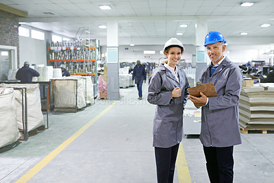 Buy stock photo Portrait, confident or people in safety helmet, clipboard or logistics inspection of product order. Mature man, happy woman or hardhat in stock, inventory management or supply chain as backlog check
