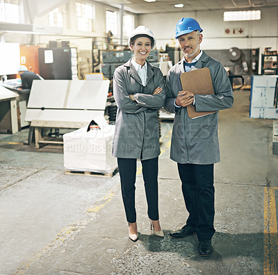 Buy stock photo Portrait, people or clipboard for product, inspection or safety helmet for management with industry ppe. Mature man, happy woman or checklist for factory, stock or inventory quality assurance