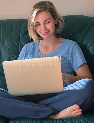 Buy stock photo Happy, woman and laptop on sofa to relax with  entertainment, online streaming and remote work at home. Female person, smile and computer on couch to study, learn and watch movie for rest on weekend