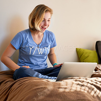 Buy stock photo Happiness, laptop and woman in bedroom for online chat, communication or social media in home. Contact, computer and surprised person on bed for virtual conversation, talking or relax in morning