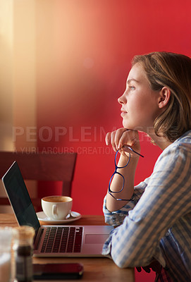 Buy stock photo Work from home, woman and thinking with laptop for research, blog and communication at desk. Female journalist, technology and brainstorming for social media, networking and idea for online course