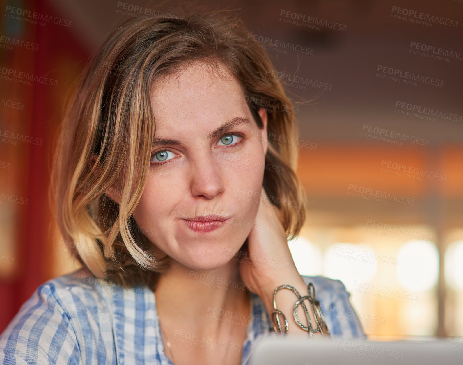 Buy stock photo Frustrated, woman and laptop at home for portrait with glitch or technical problems from internet or network for mistake. Stress, female person and digital tech with anxiety for project deadline